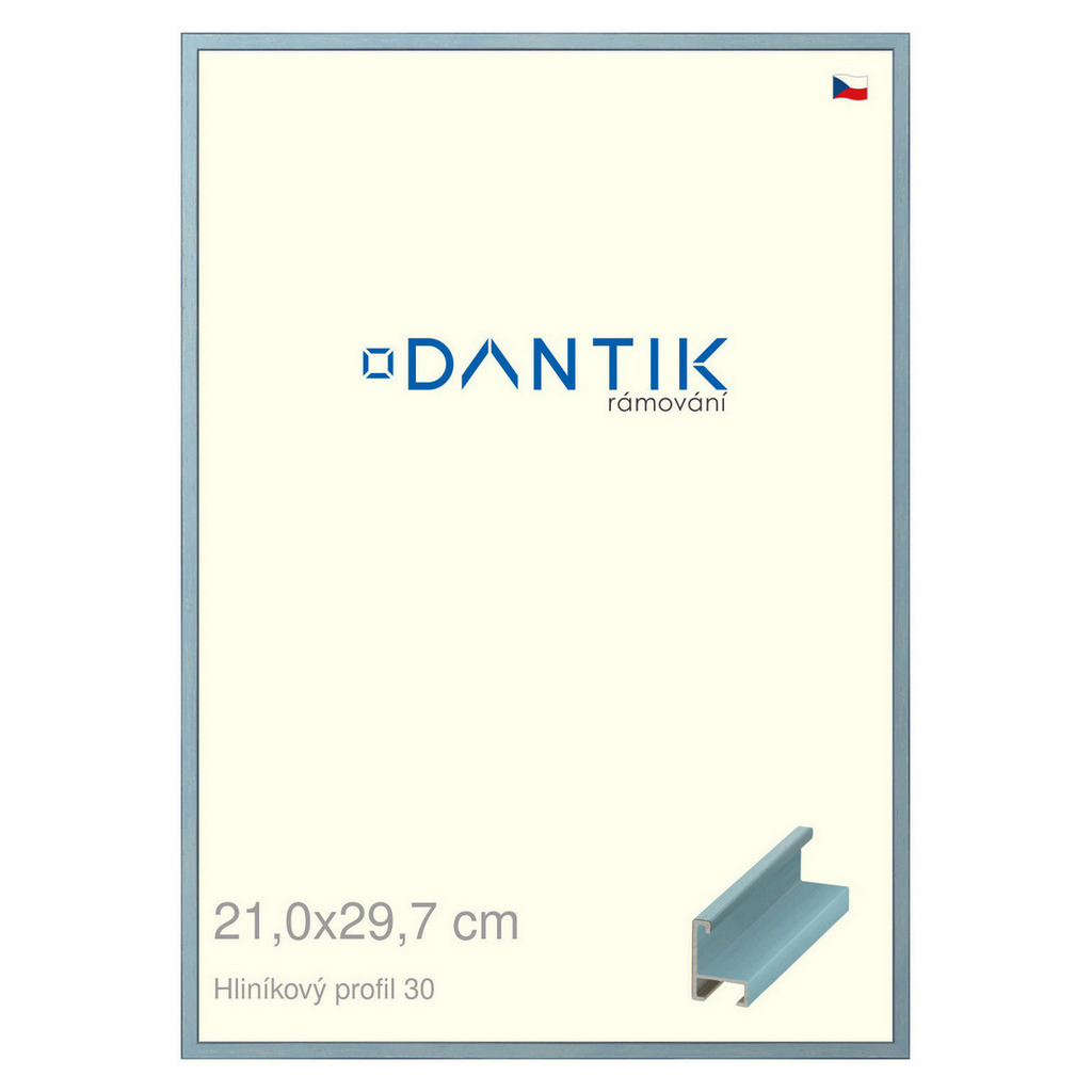 DANTIK rámeček 21x29,7 | ALU profil 6030 Dýha barevná modrá pastel (Sklo Čiré)