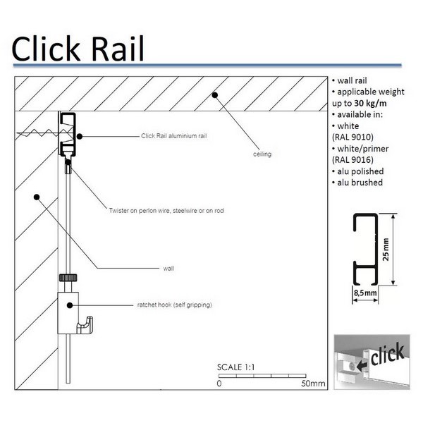 Závěsný systém na obrazy - SET Click Rail HLINÍK 2m (4x ocel, 4x AG)