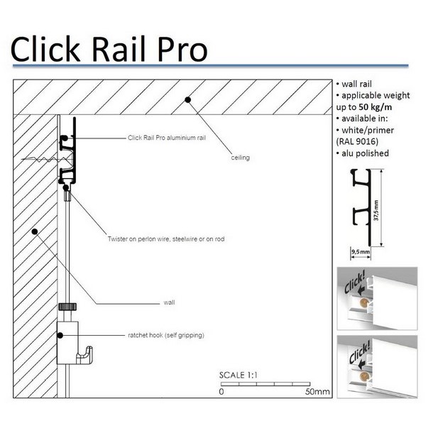Závěsný systém na obrazy - SET Click Rail PRO bílá přetíratelná (6x perlon 6x AG)