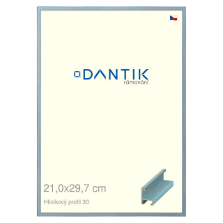 DANTIK rámeček 21x29,7 | ALU profil 6030 Dýha barevná modrá pastel (Sklo Čiré)